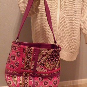 VERA BRADLEY HANDBAG MEDIUM PINK FLORAL/LEATHER STRAPS INSIDE POCKETS PRE-OWNED